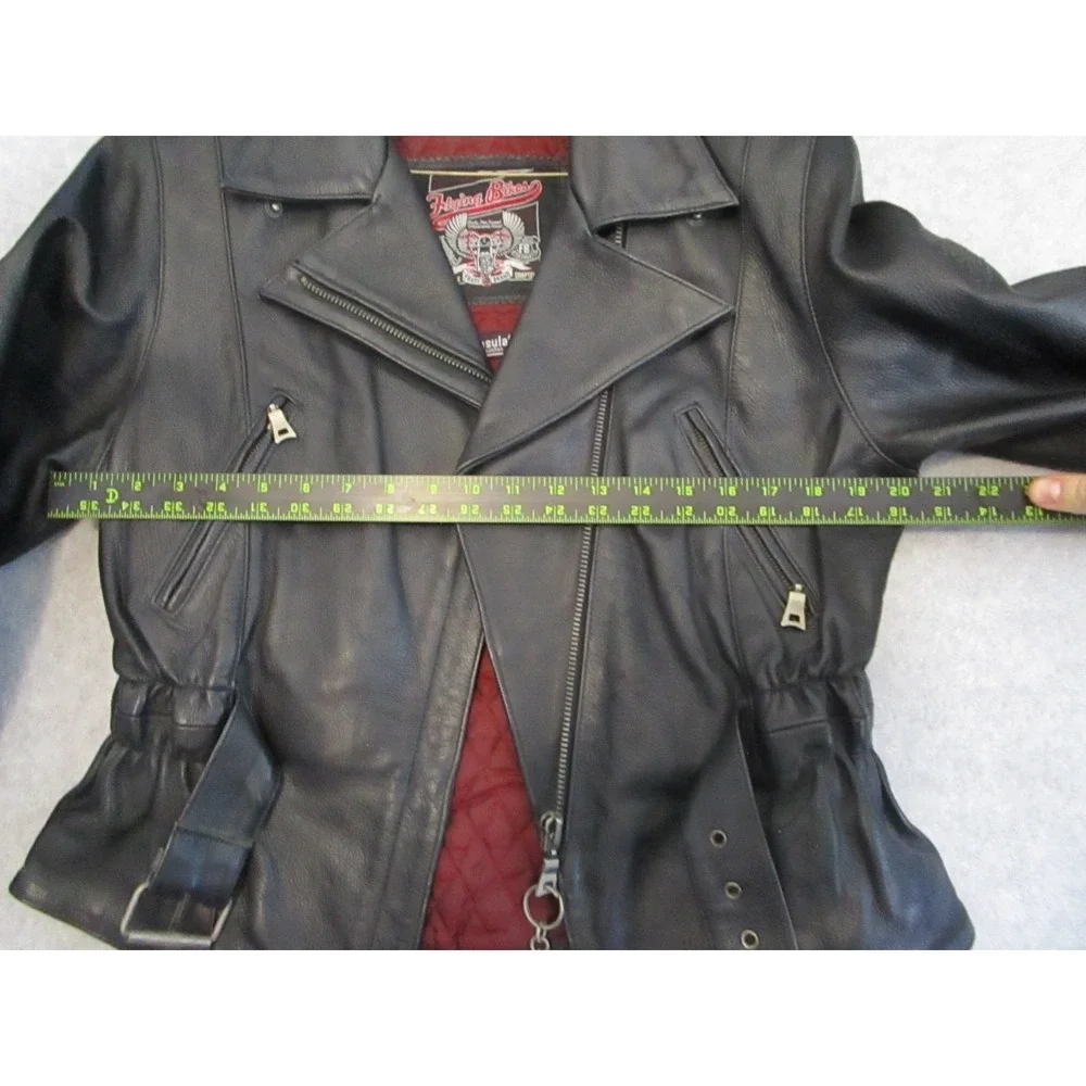 Flying Bikes Oakwood Leather Motorcycle Jacket Womens Large Black Quilted Belted